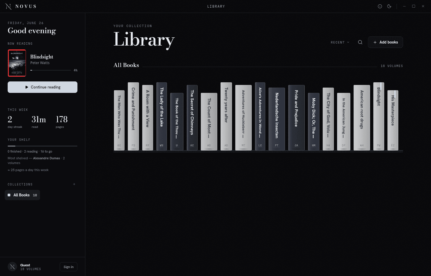The Novus library, books standing as spines on a dark shelf