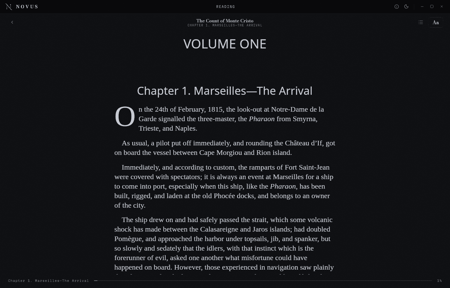 The Novus reading view, a chapter set in a serif measure with a drop cap